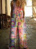 Agathe™ - Colorful Patchwork Print Denim Overalls with Wide Cut