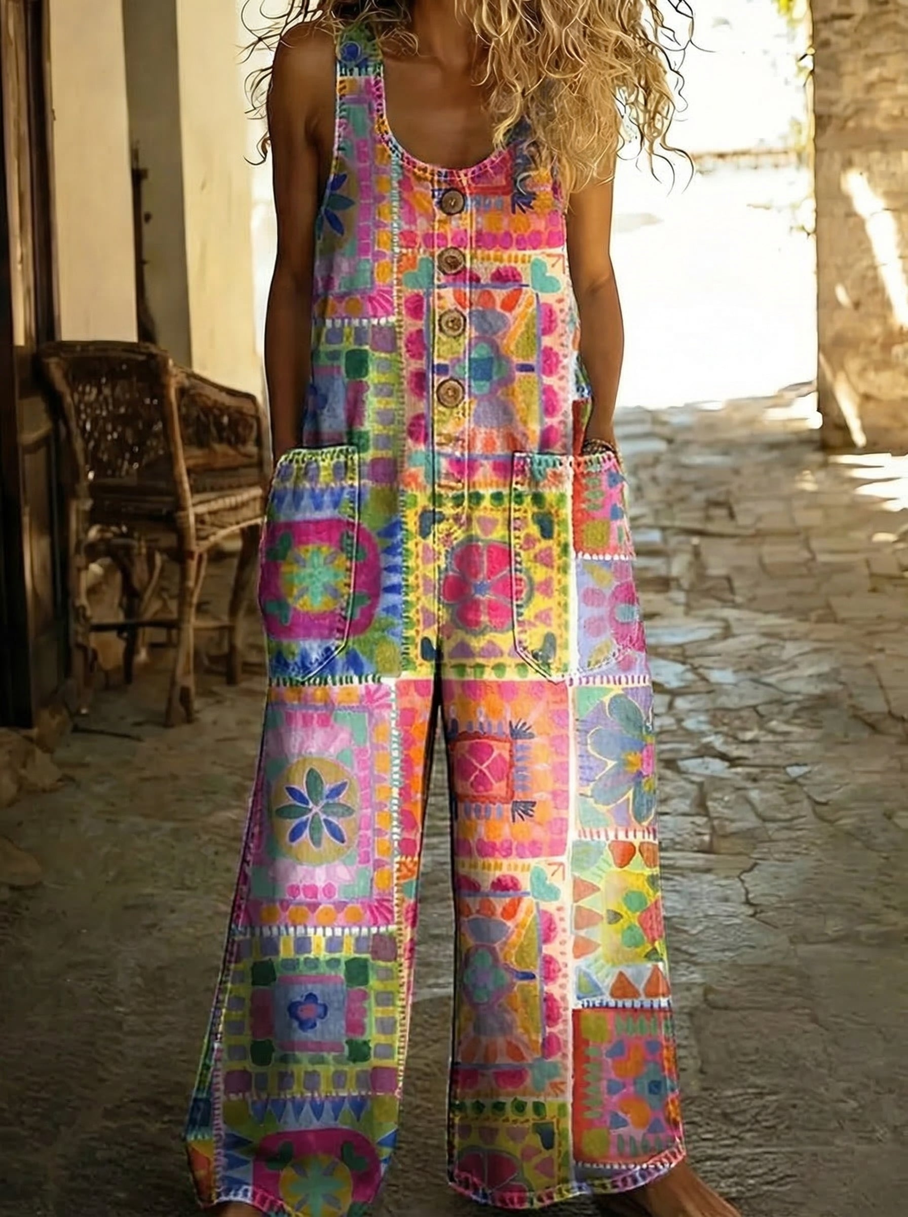 Agathe™ - Colorful Patchwork Print Denim Overalls with Wide Cut