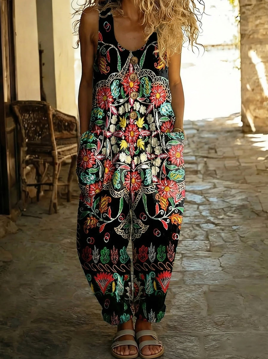 Noémie™ - Floral Mandala Print Denim Jumpsuit with Balloon Cut