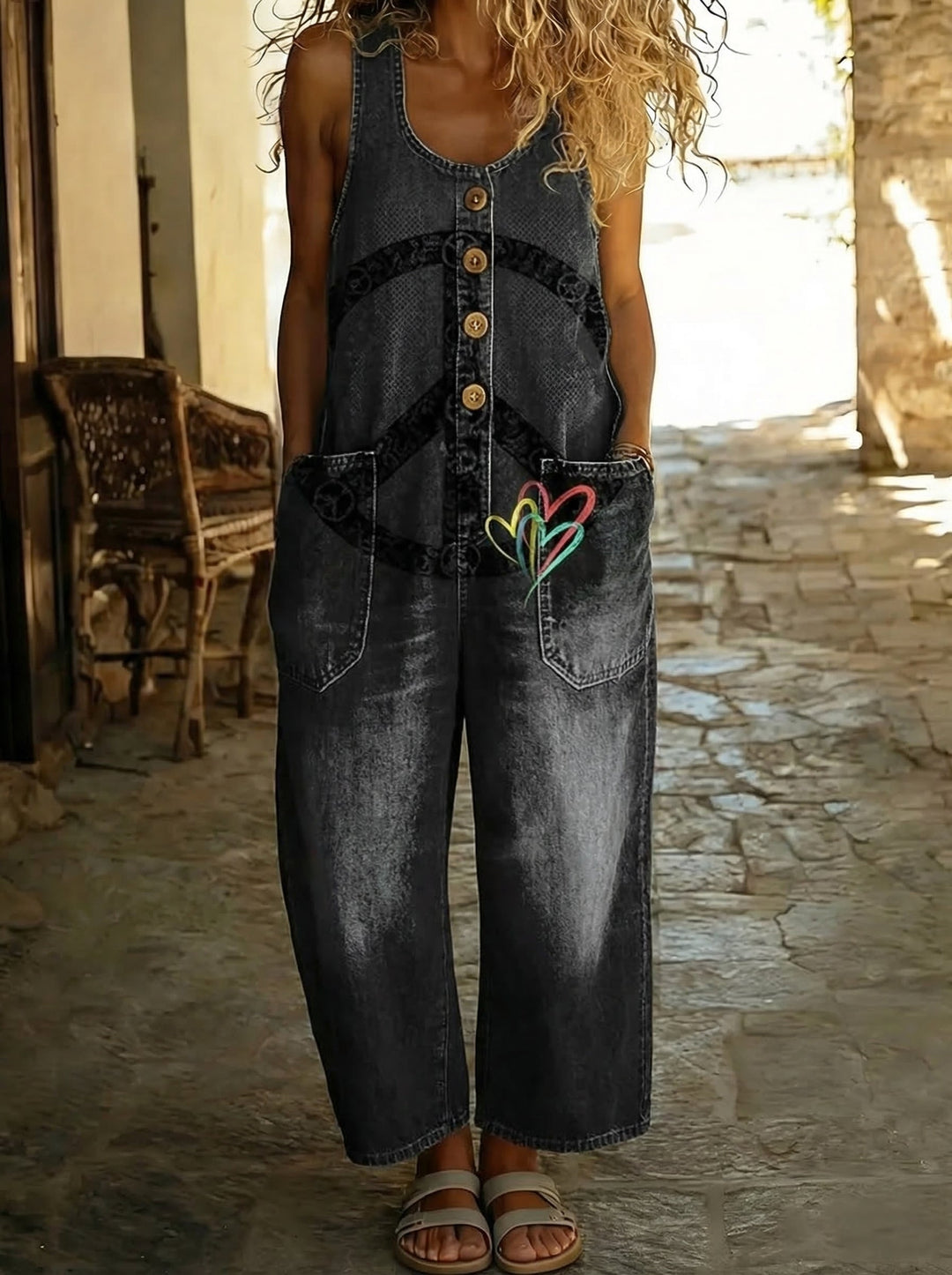 Lilou™ - Denim Overalls with Peace Print and Colorful Heart in Wide Cut