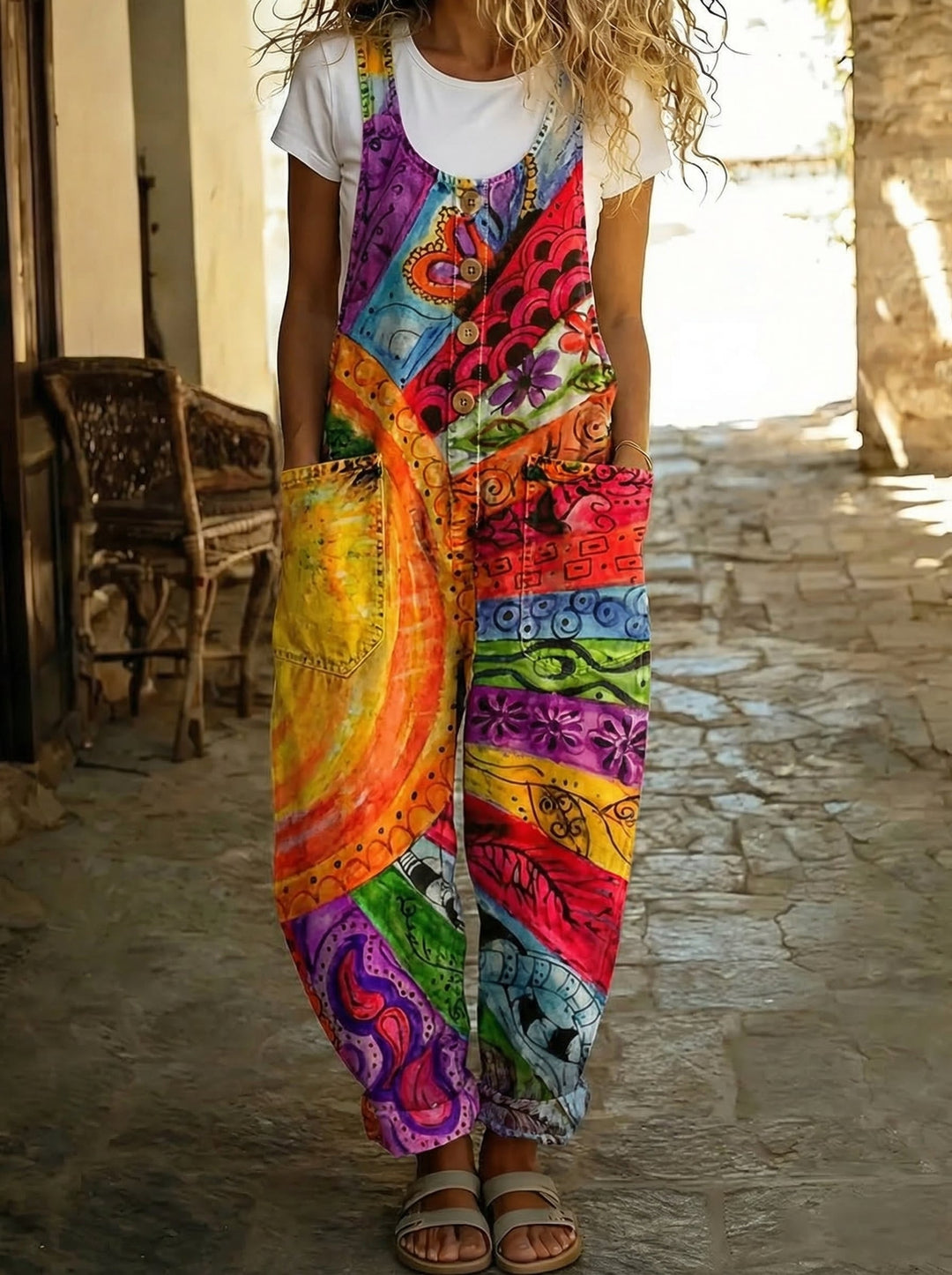 Victory™ - Printed Denim Jumpsuit in Multicolored Abstract Art and Balloon Cut