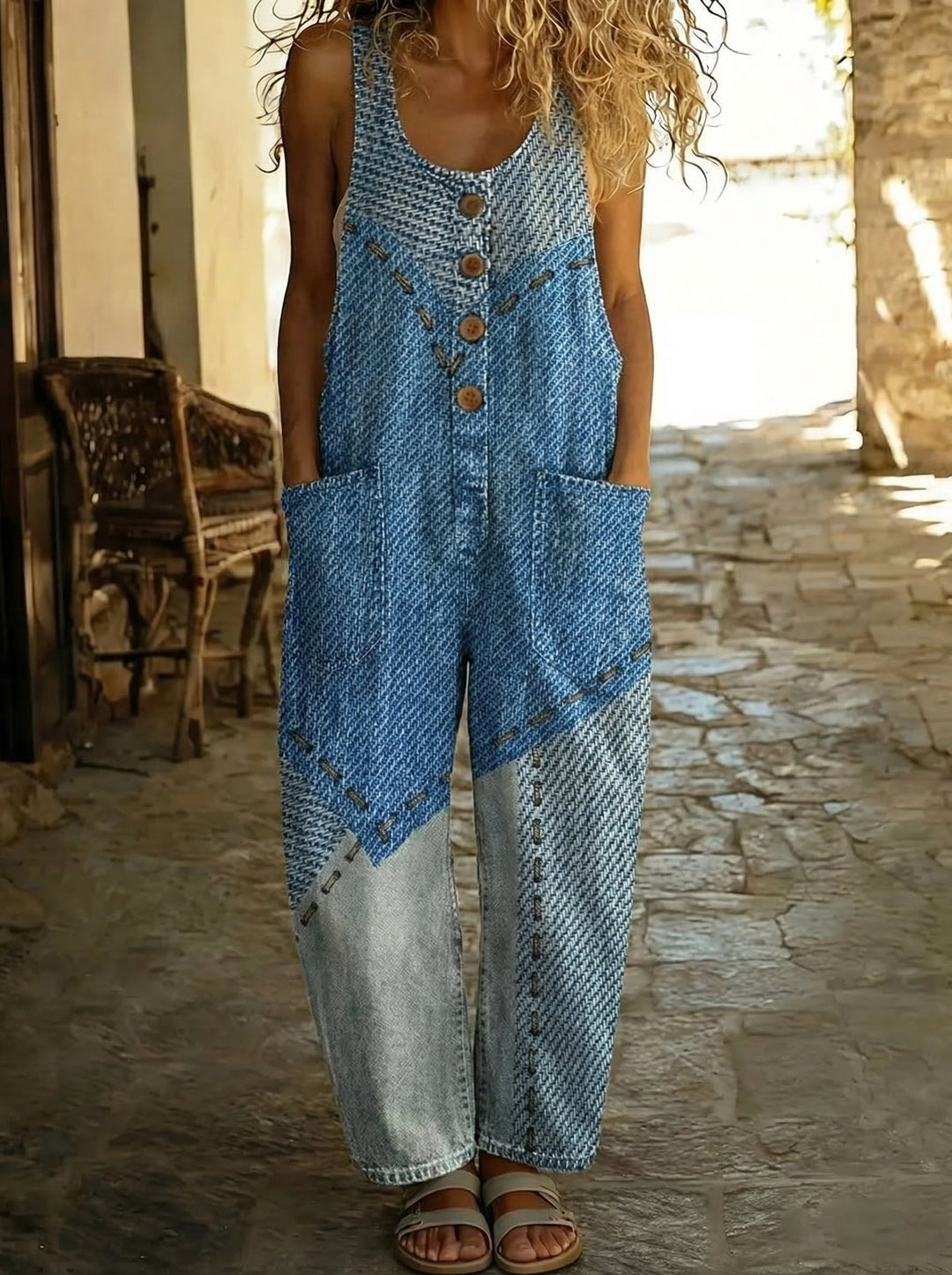 Romane™ - Textured Two-Tone Denim Overalls with Buttons and Wide Cut