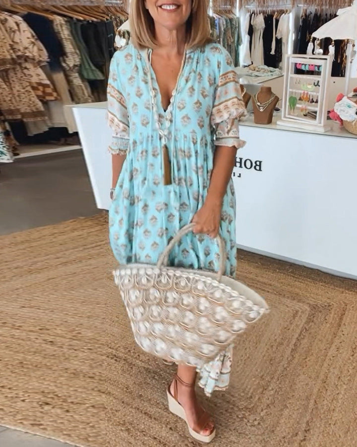 Ruby | Bohemian Tassel V-Neck Midi Dress