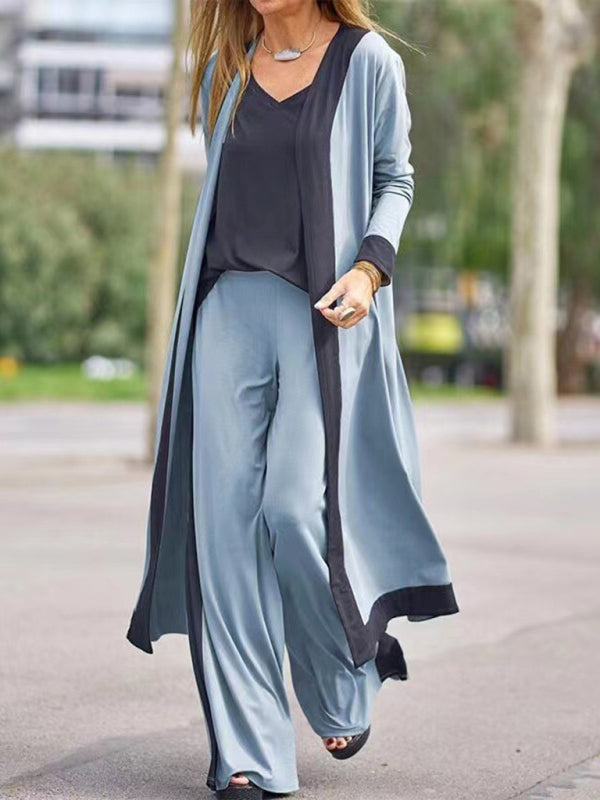 Two-Piece Set: Sleeveless Vest and Cardigan Jacket with Contrasting Color Trousers