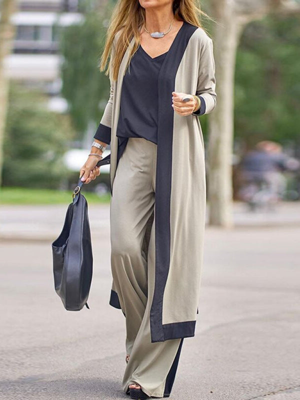 Two-Piece Set: Sleeveless Vest and Cardigan Jacket with Contrasting Color Trousers