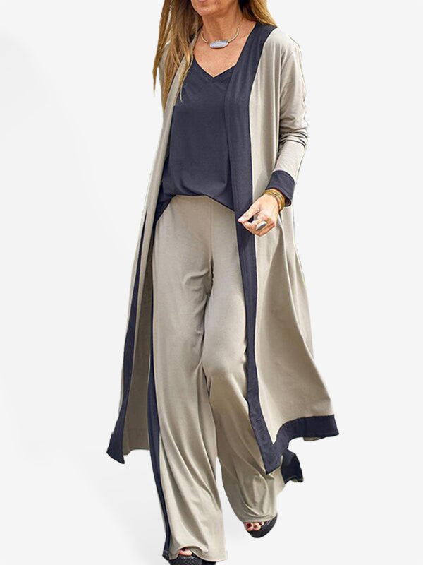 Two-Piece Set: Sleeveless Vest and Cardigan Jacket with Contrasting Color Trousers