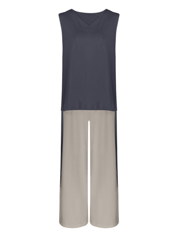 Two-Piece Set: Sleeveless Vest and Cardigan Jacket with Contrasting Color Trousers