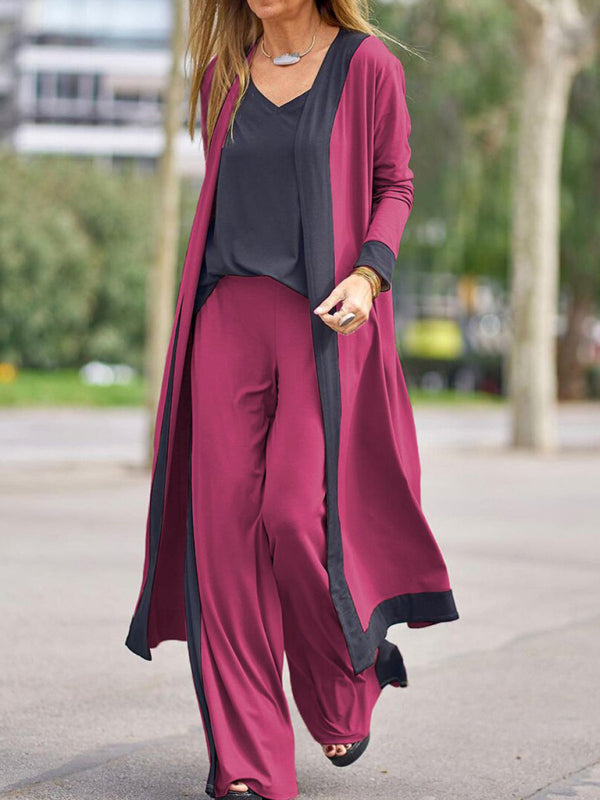 Two-Piece Set: Sleeveless Vest and Cardigan Jacket with Contrasting Color Trousers