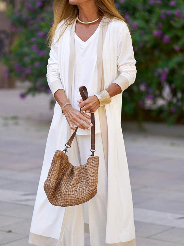 Two-Piece Set: Sleeveless Vest and Cardigan Jacket with Contrasting Color Trousers
