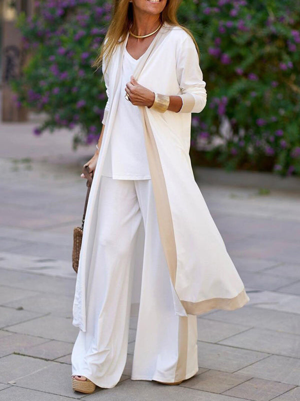 Two-Piece Set: Sleeveless Vest and Cardigan Jacket with Contrasting Color Trousers
