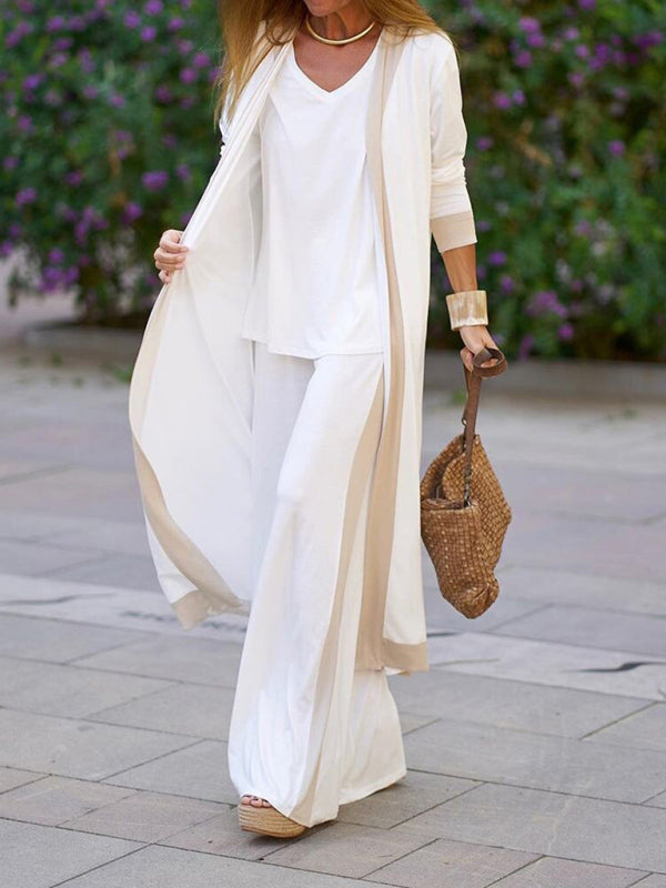 Two-Piece Set: Sleeveless Vest and Cardigan Jacket with Contrasting Color Trousers
