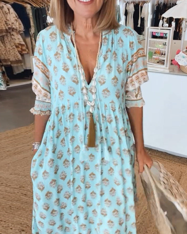 Ruby | Bohemian Tassel V-Neck Midi Dress