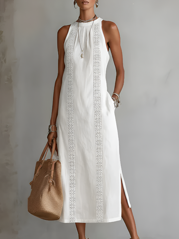 Jimena | Midi Linen Dress Featuring Mao Collar