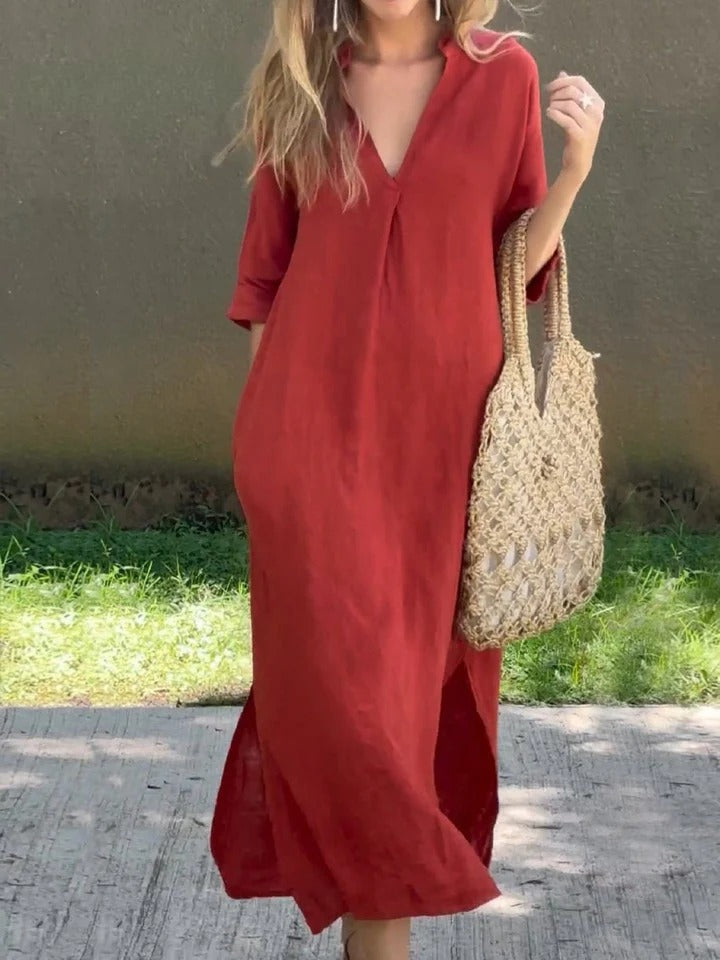 Ishael - Solid V-Neck Long Loose Fit Dress