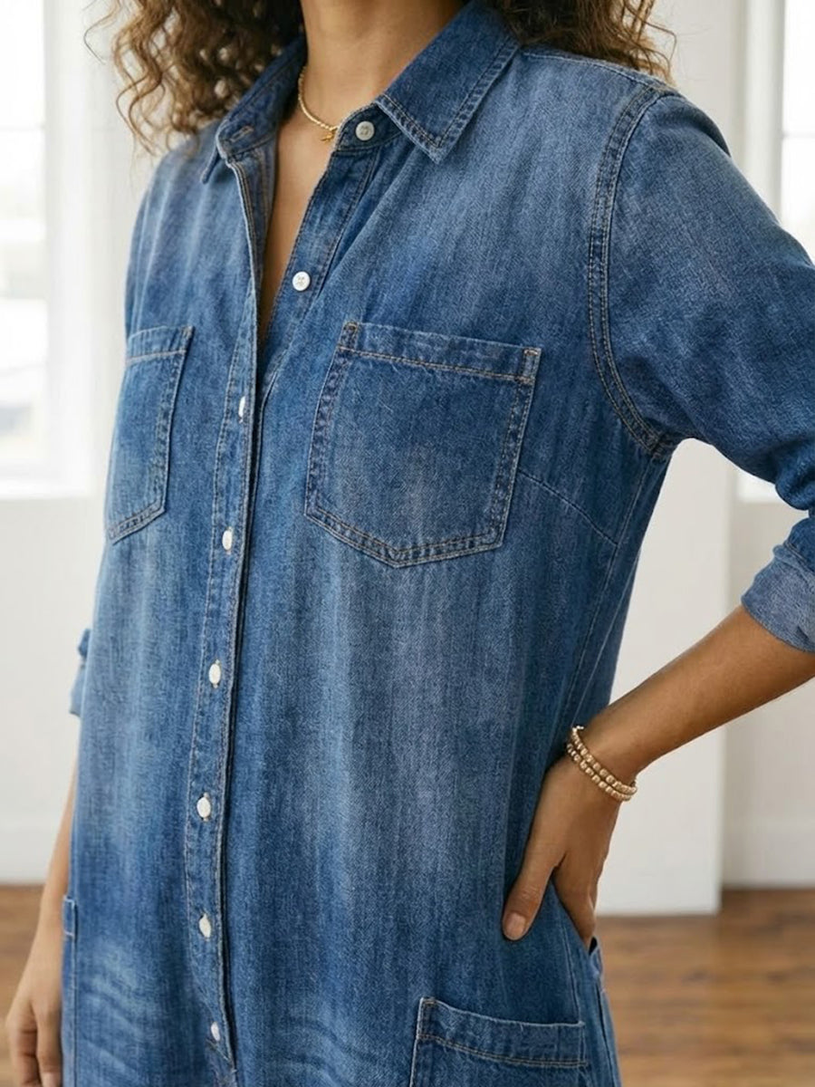 Diana | Soft Cotton Denim Jumpsuit with Vintage Wash and Button Closure