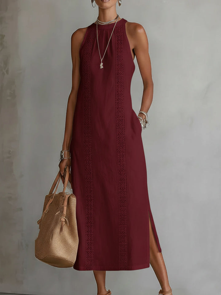Jimena | Midi Linen Dress Featuring Mao Collar