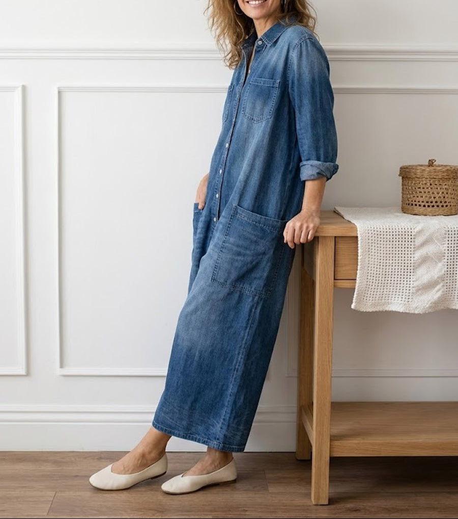 Diana | Soft Cotton Denim Jumpsuit with Vintage Wash and Button Closure
