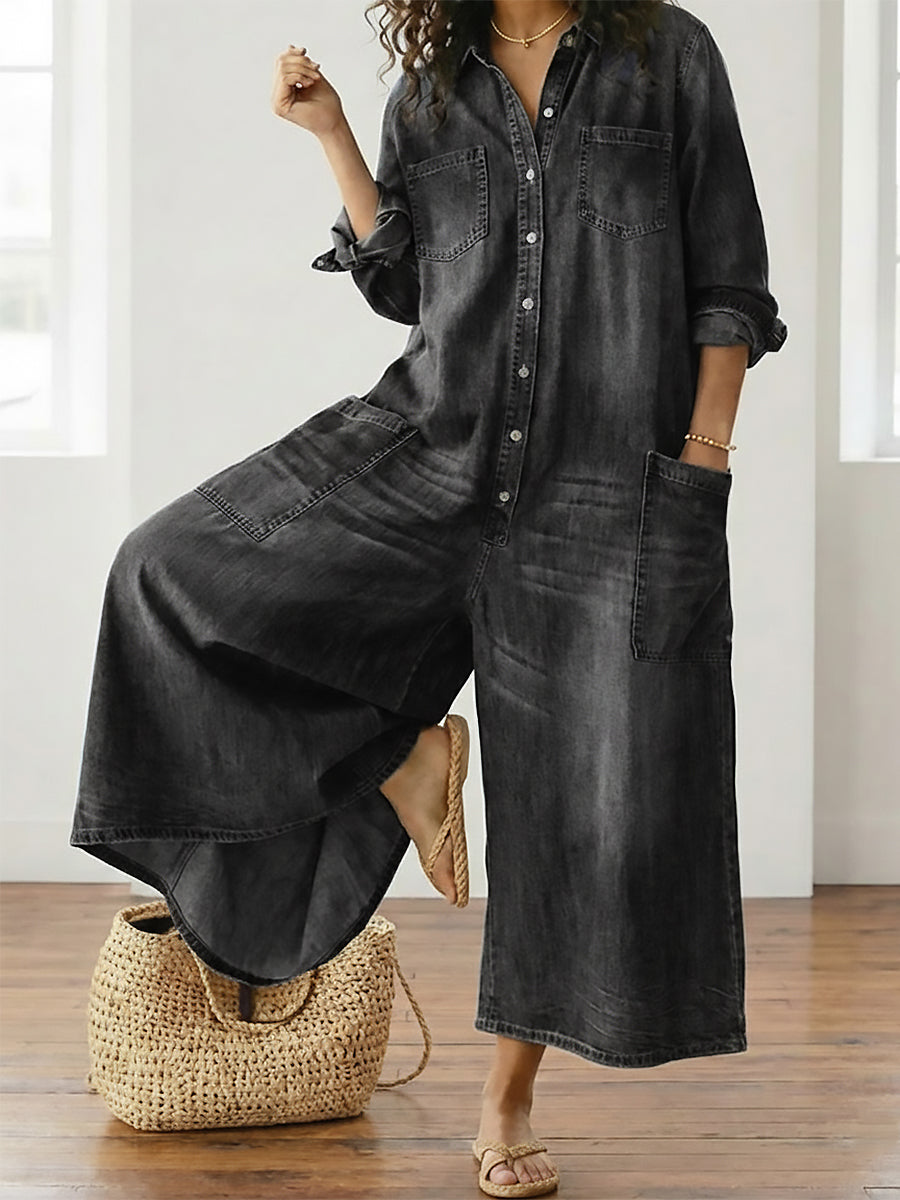 Diana | Soft Cotton Denim Jumpsuit with Vintage Wash and Button Closure