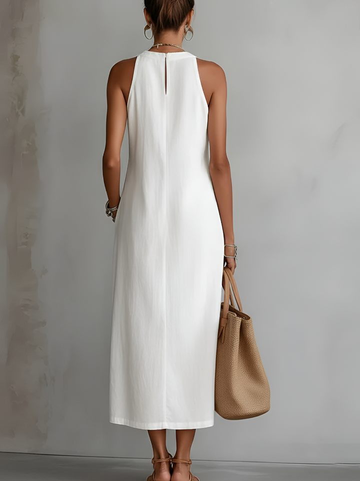 Jimena | Midi Linen Dress Featuring Mao Collar