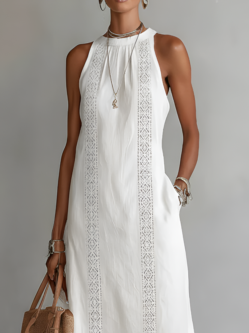 Jimena | Midi Linen Dress Featuring Mao Collar