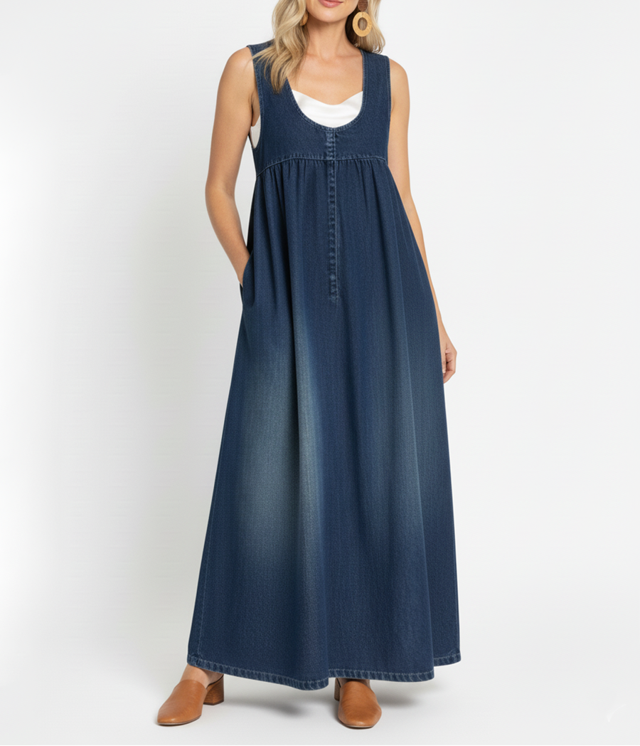 Karen | Soft Cotton-Blend Vintage Washed Denim Maxi Dress