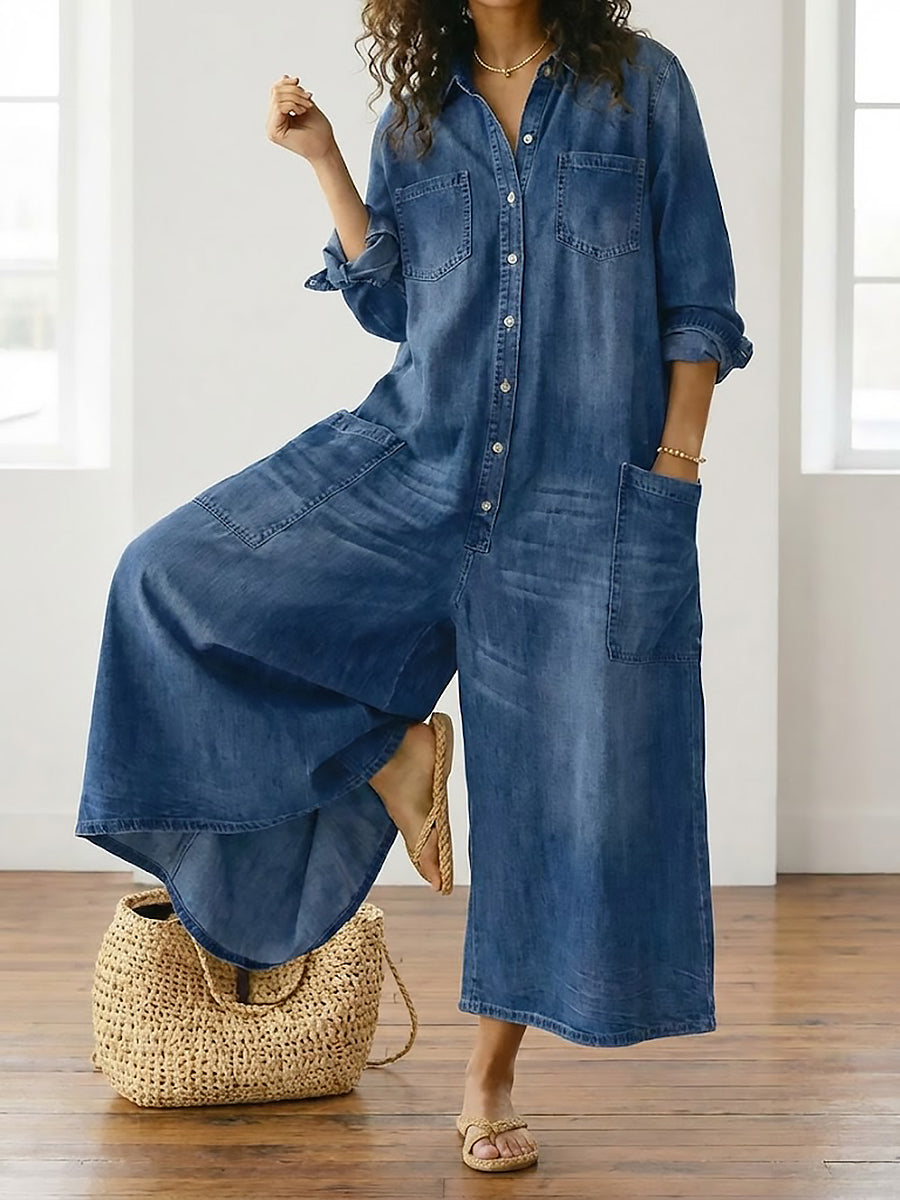 Diana | Soft Cotton Denim Jumpsuit with Vintage Wash and Button Closure