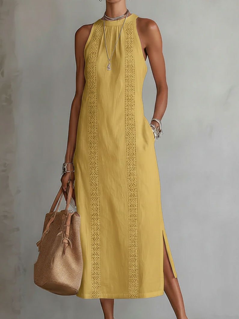 Jimena | Midi Linen Dress Featuring Mao Collar