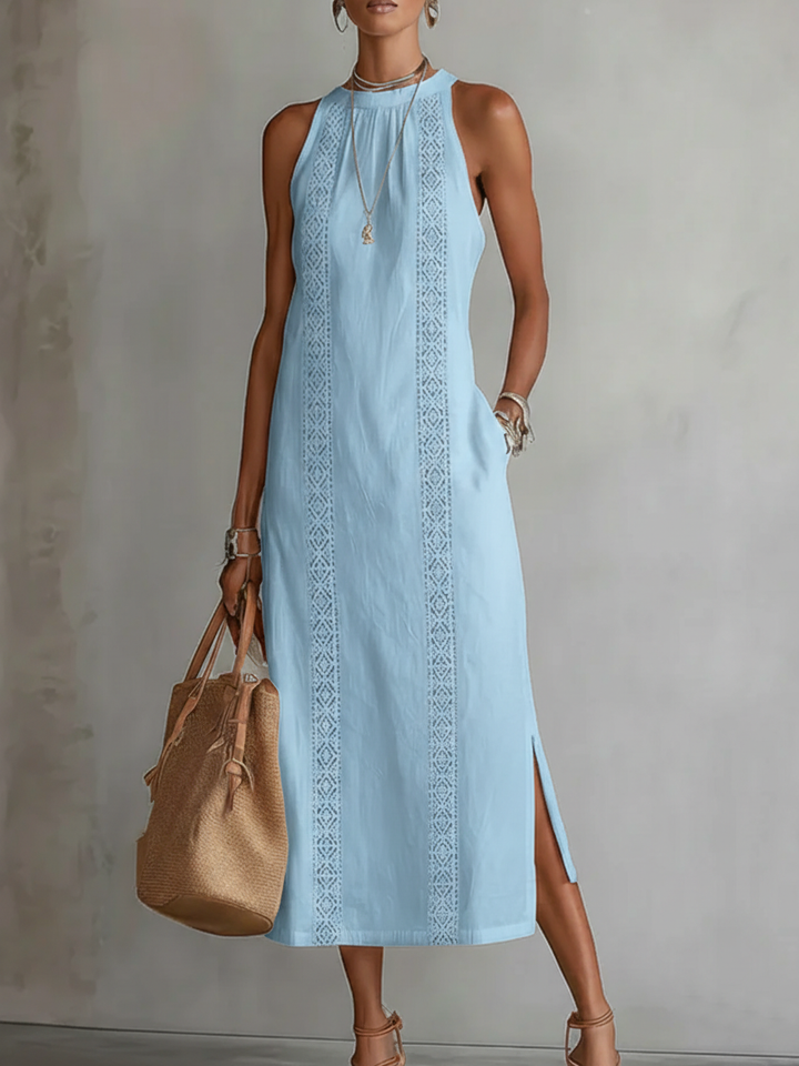 Jimena | Midi Linen Dress Featuring Mao Collar