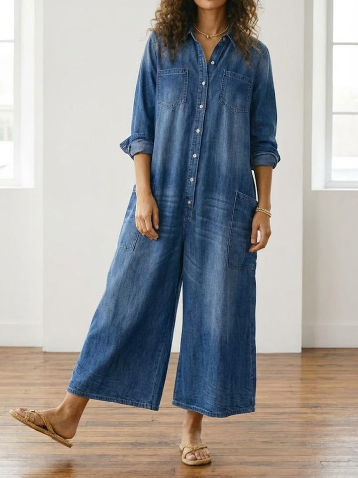 Diana | Soft Cotton Denim Jumpsuit with Vintage Wash and Button Closure