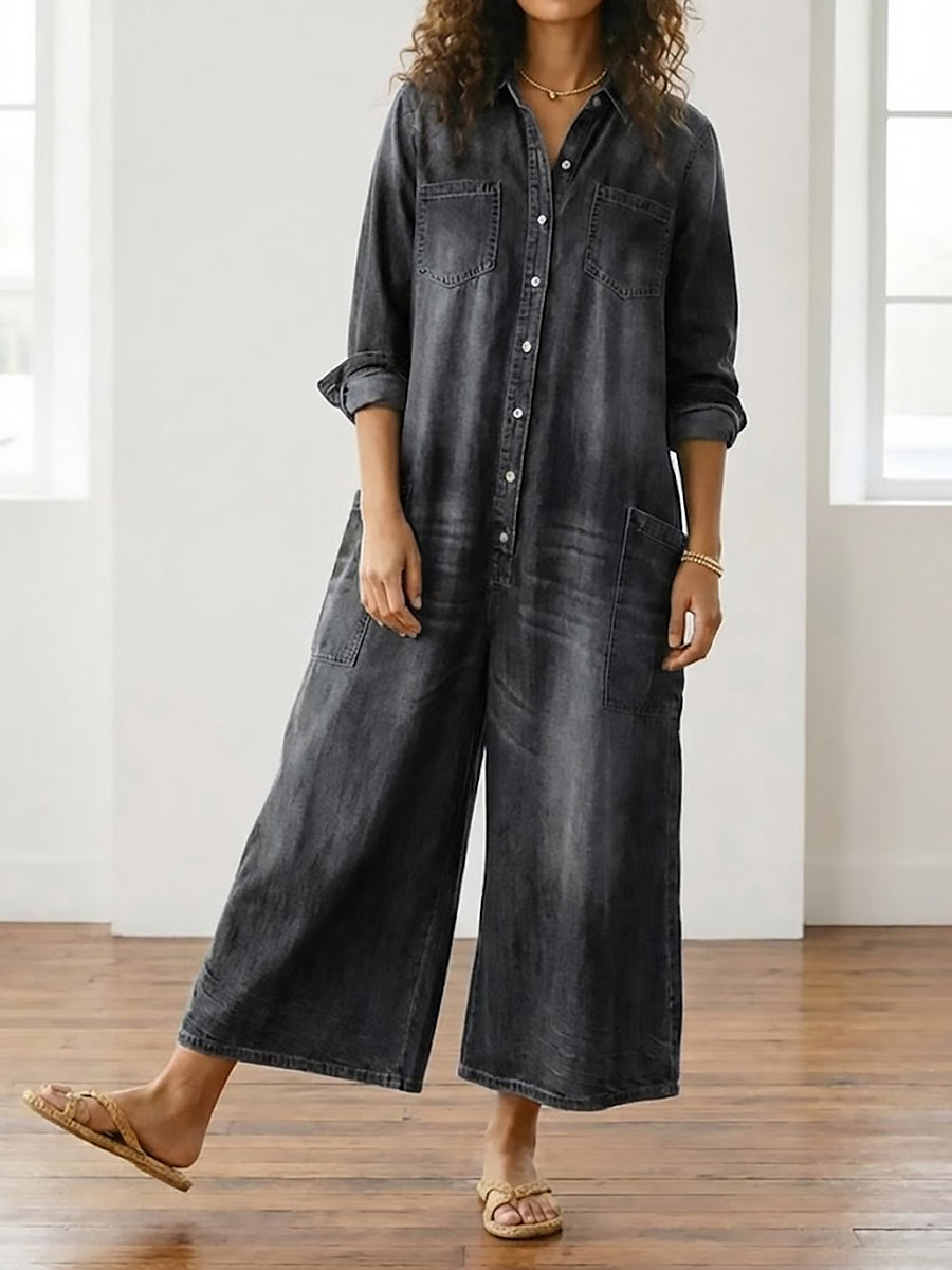 Diana | Soft Cotton Denim Jumpsuit with Vintage Wash and Button Closure