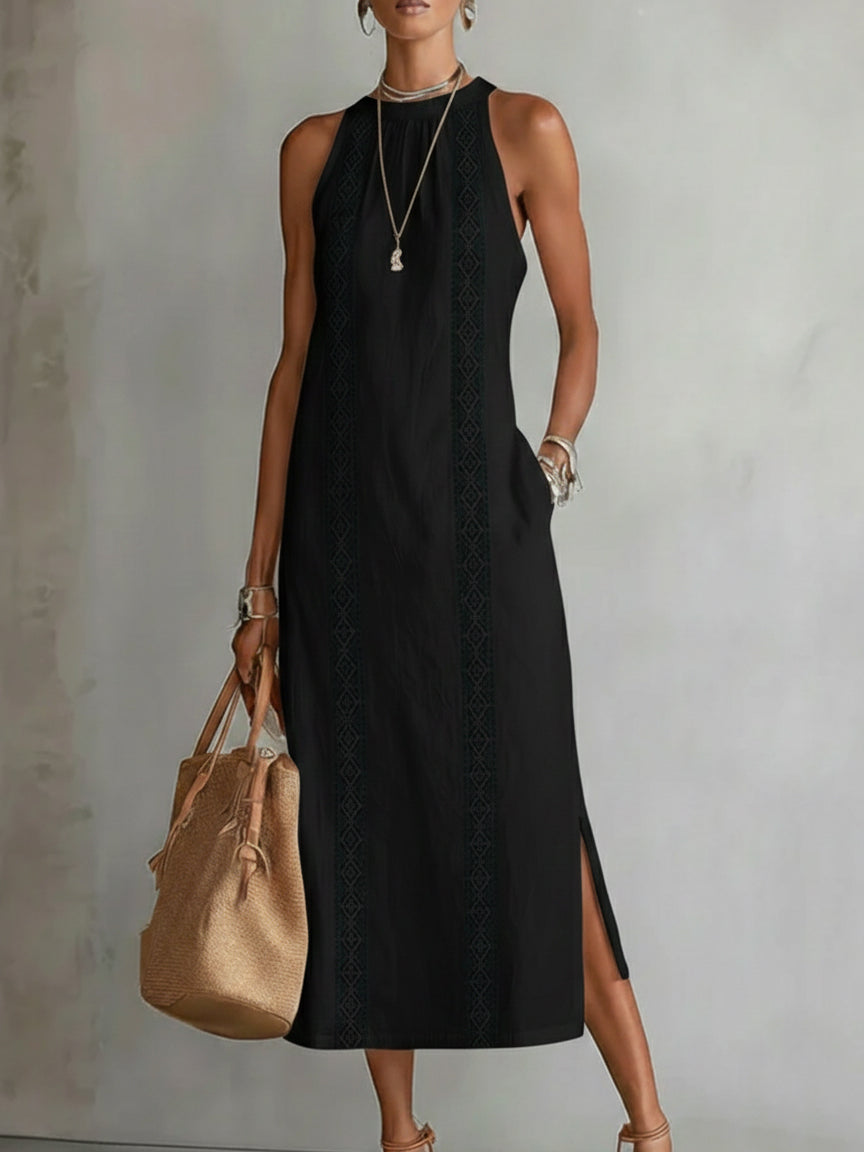 Jimena | Midi Linen Dress Featuring Mao Collar