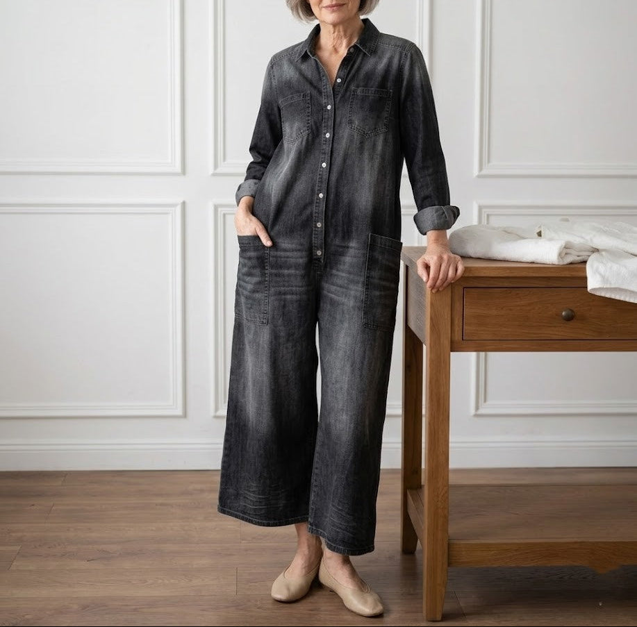 Diana | Soft Cotton Denim Jumpsuit with Vintage Wash and Button Closure