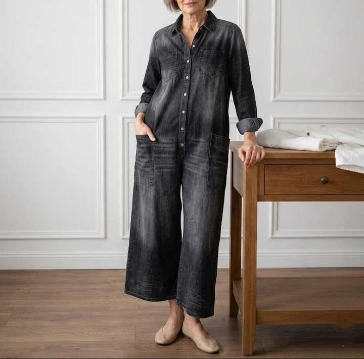 Diana | Soft Cotton Denim Jumpsuit with Vintage Wash and Button Closure