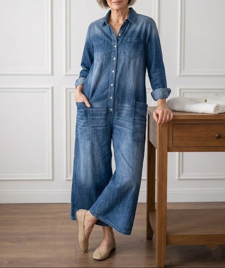 Diana | Soft Cotton Denim Jumpsuit with Vintage Wash and Button Closure