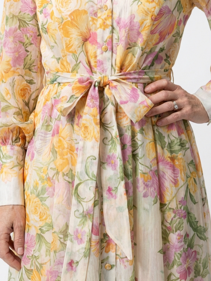 Cressida | Long Sleeve Sheer Maxi Dress with Floral Design