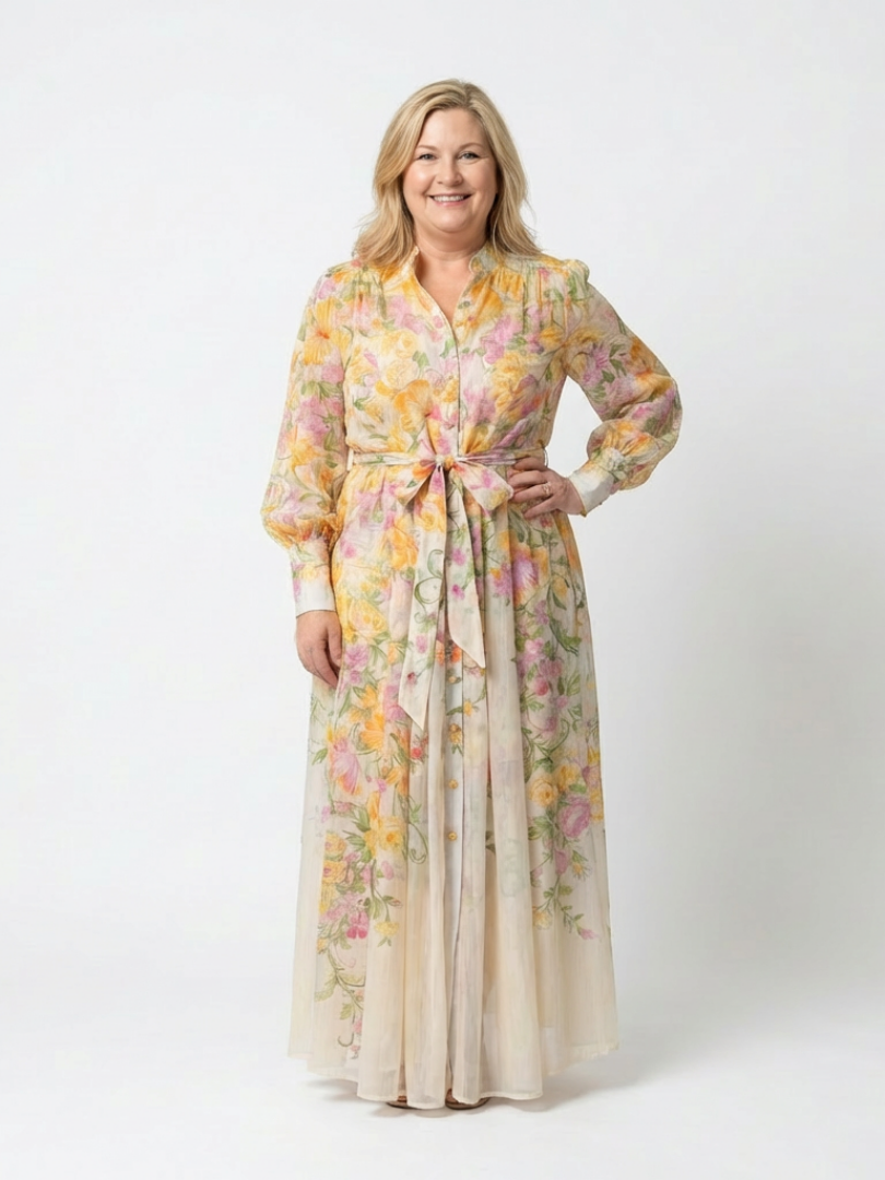 Cressida | Long Sleeve Sheer Maxi Dress with Floral Design