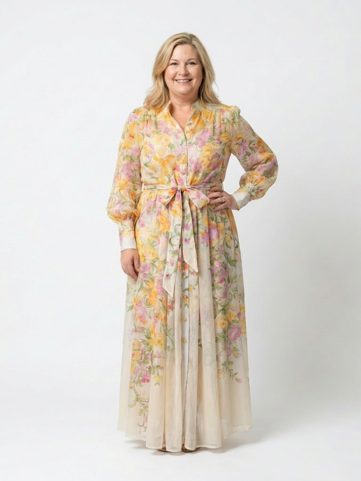 Cressida | Long Sleeve Sheer Maxi Dress with Floral Design