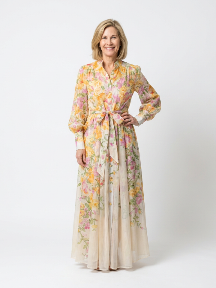 Cressida | Long Sleeve Sheer Maxi Dress with Floral Design