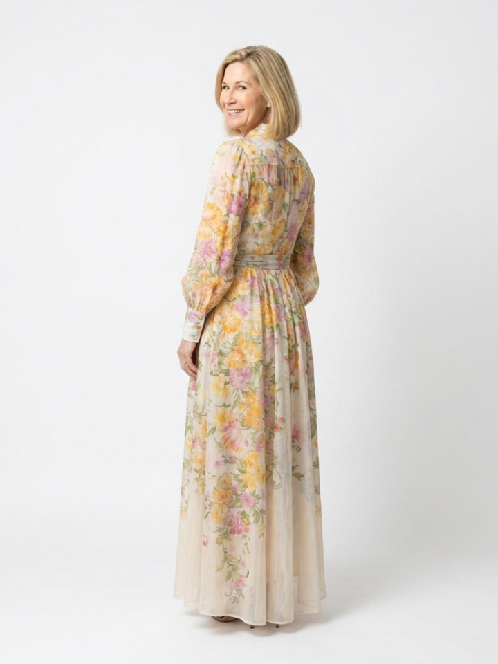Cressida | Long Sleeve Sheer Maxi Dress with Floral Design