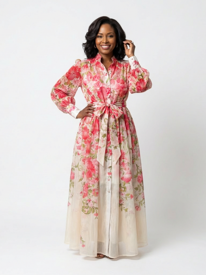 Cressida | Long Sleeve Sheer Maxi Dress with Floral Design