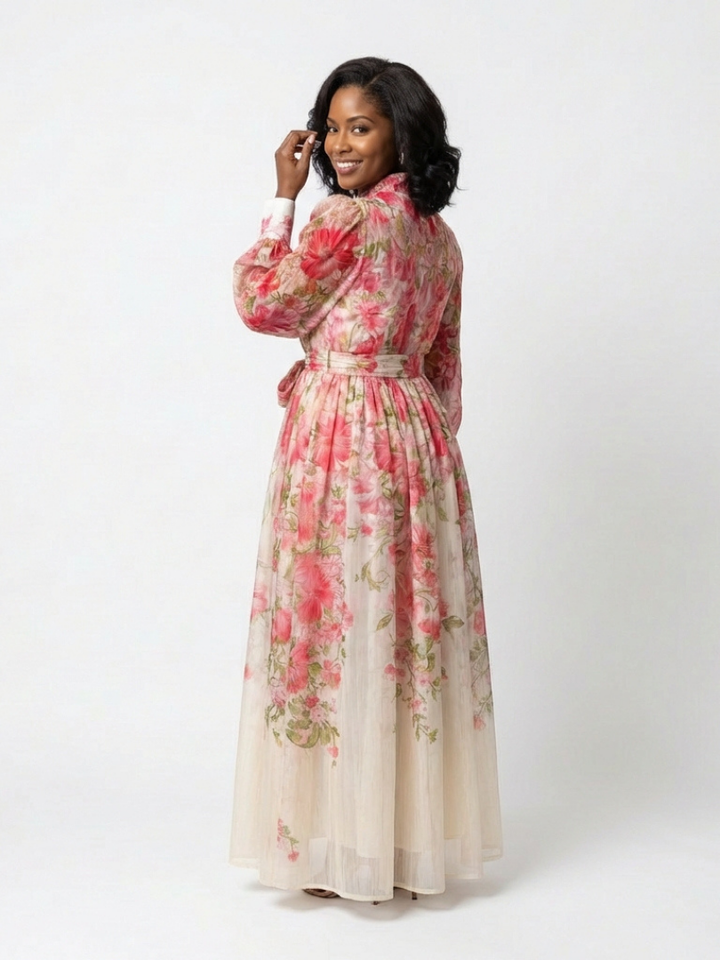 Cressida | Long Sleeve Sheer Maxi Dress with Floral Design