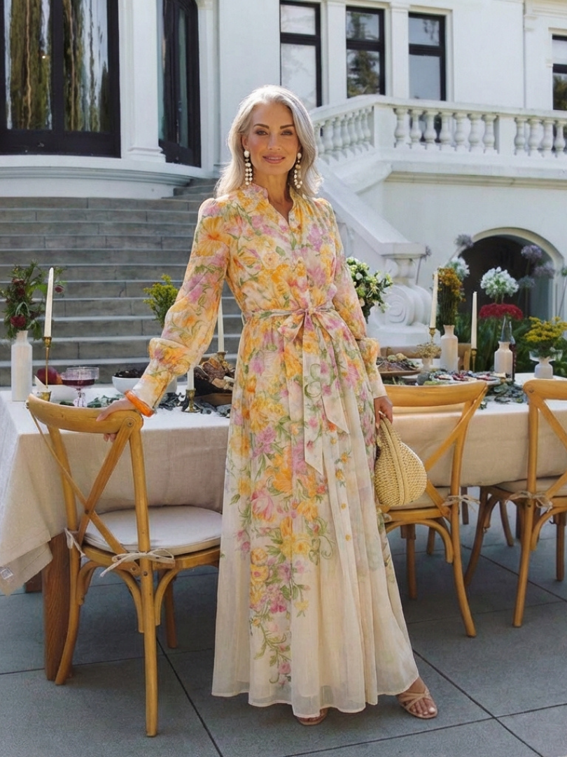 Cressida | Long Sleeve Sheer Maxi Dress with Floral Design