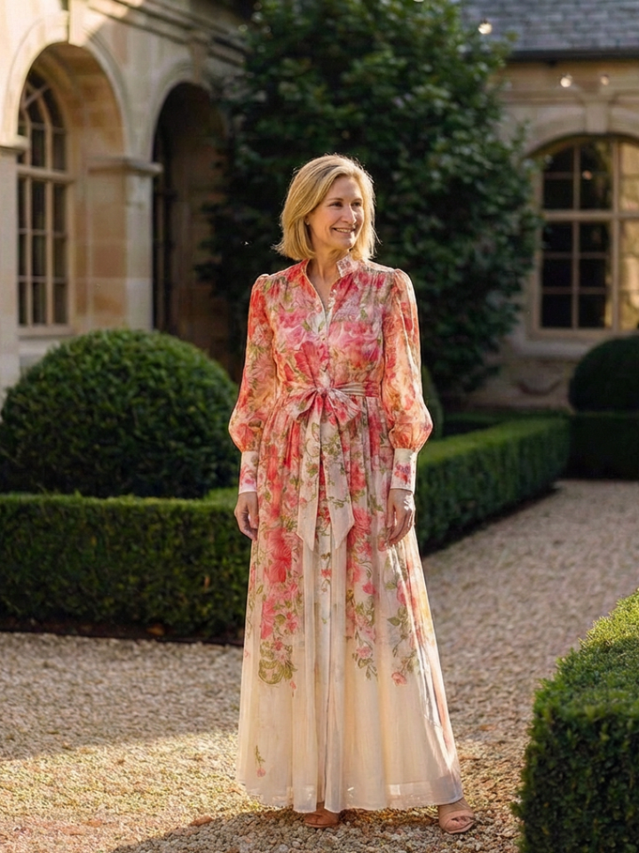 Cressida | Long Sleeve Sheer Maxi Dress with Floral Design